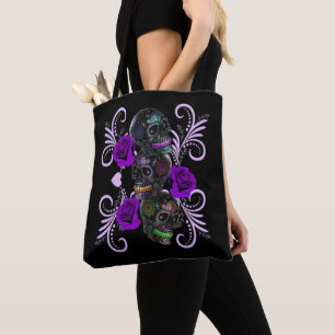 Tote Bag Triple Jour Noir Des Crânes Morts Roses Violets
