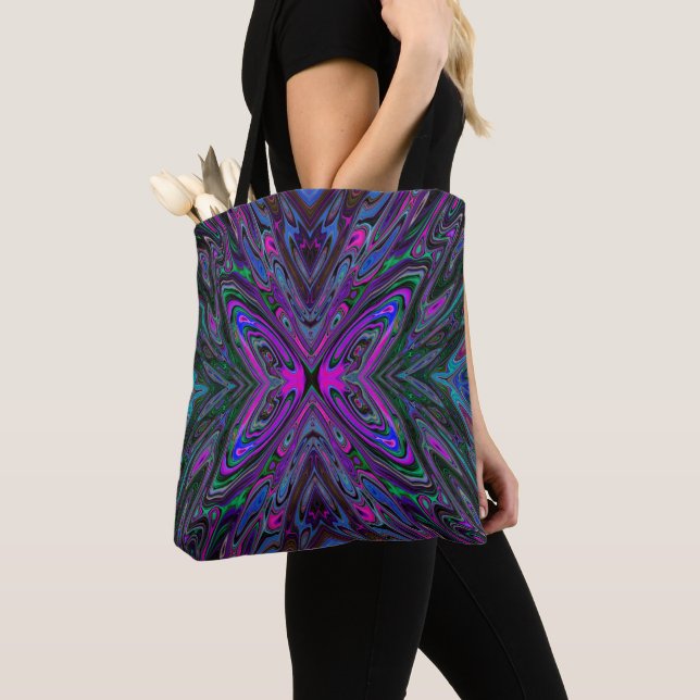 Tote Bag Trippy Magenta, Bleu et Vert Papillon Abstrait (De près)