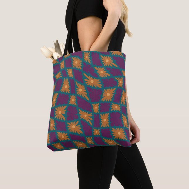 Tote Bag Trippy super 60s Flower Checks Orange Rose (De près)