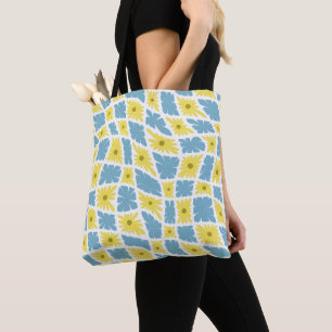 Tote Bag Trippy super Wavy 60s Flower Checks Jaune Bleu