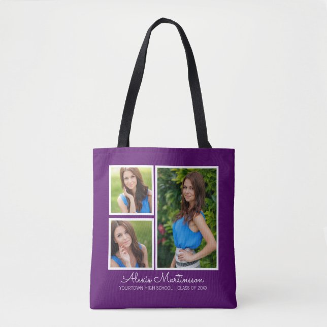 Tote Bag Trois photos de graduation Année Purple Blanc (Devant)