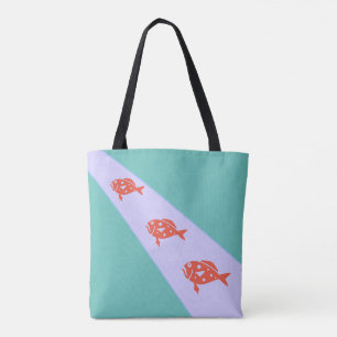 Tote Bag Trois poissons rouges corail sur sarcelle