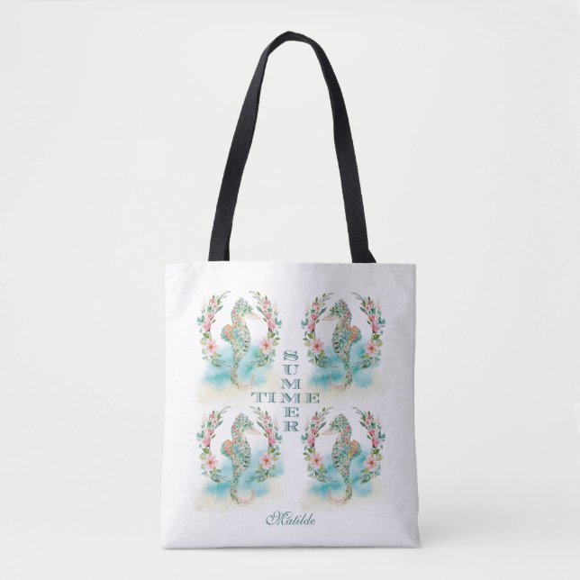 Tote Bag Tropical Floral Wreath Seahorse, Luau HEURE D'ÉTÉ (Devant)