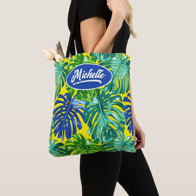 Tote Bag Tropical Jungle Feuilles Vert Jaune Nom (De près)