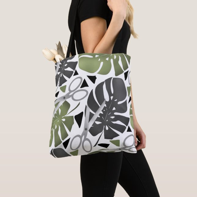 Tote Bag Tropical print monstera leaves scissors jungle exo (De près)