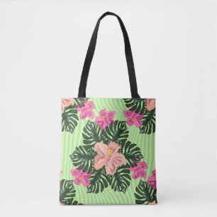 Tote Bag Tropical Rétro Élégant Hibiscus & Monstera Floral 