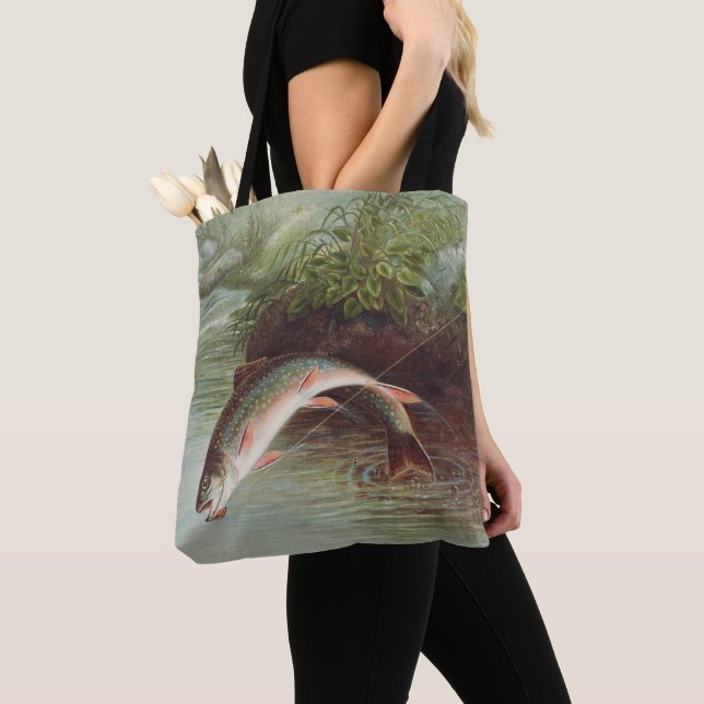 Tote Bag Truite de ruisseau Leaping par S.A. Kilbourne Pois (De près)