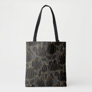 Tote Bag Tulipes d'or noir : modèle floral de luxe