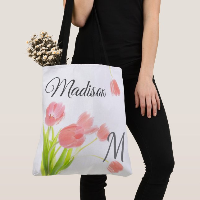 Tote Bag Tulipes rose douce tendance Nom initial Monogramme (De près)