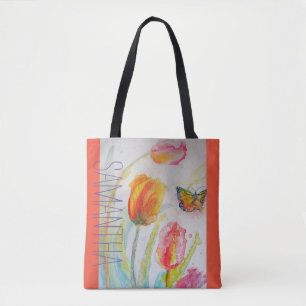 Tote Bag Tulipes roses Tulipes Florales Aquarelle Femme Nom