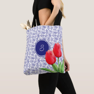 Tote Bag Tulipes Rouges Élégantes Floral de Printemps Monog