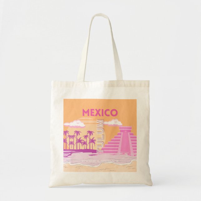 Tote Bag Tulum, Art Voyage, Art Rétro, Rose, Orange (Devant)