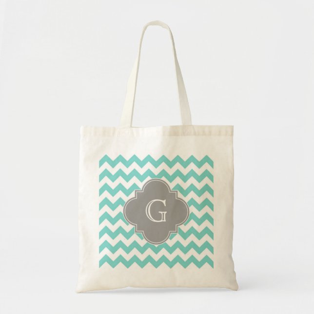 Tote Bag Turq/Aqua White Chevron Gray Quatrefoil monogram (Devant)