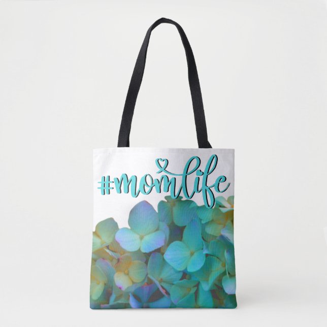 Tote Bag Turquoise bleu jaune rose hydrangée fleurs momlife (Devant)