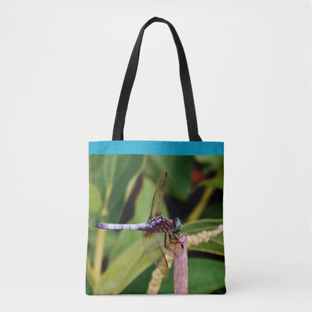 Tote Bag Turquoise bleu libellule mauve fleurs étang avec n (Devant)