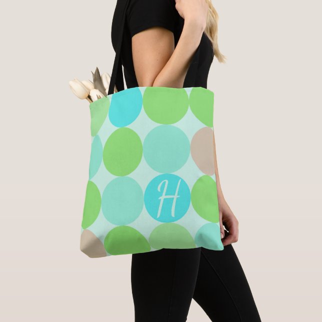 Tote Bag Turquoise Bleu Vert & Cercles Orange Monogramme (De près)