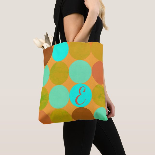 Tote Bag Turquoise Bleu Vert & Cercles Orange Monogramme (De près)