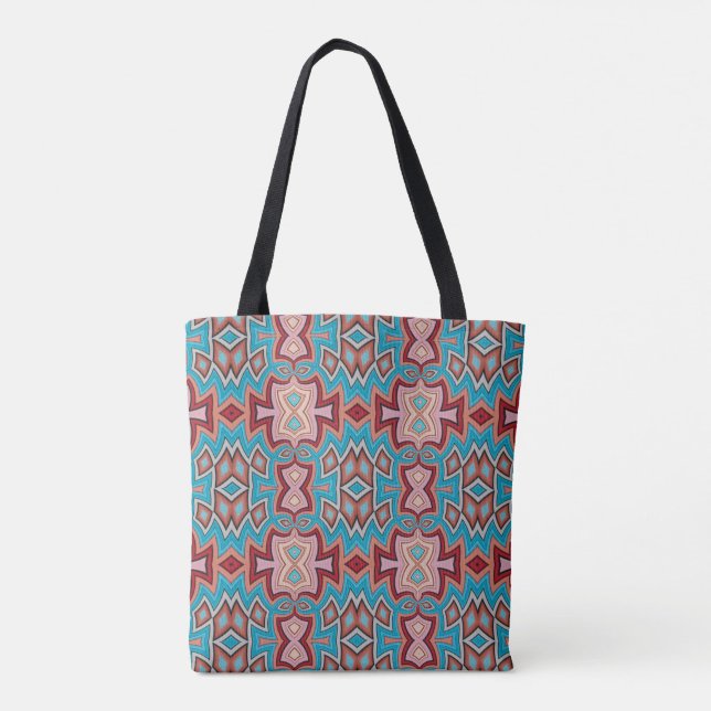 Tote Bag Turquoise Multi Tribal Inspired Shapes (Dos)