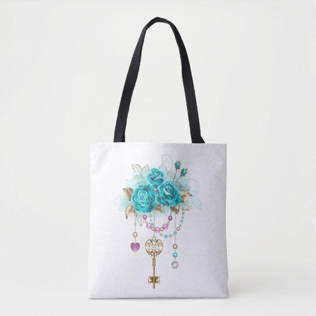 Tote Bag Turquoise Roses avec Clés (Devant)