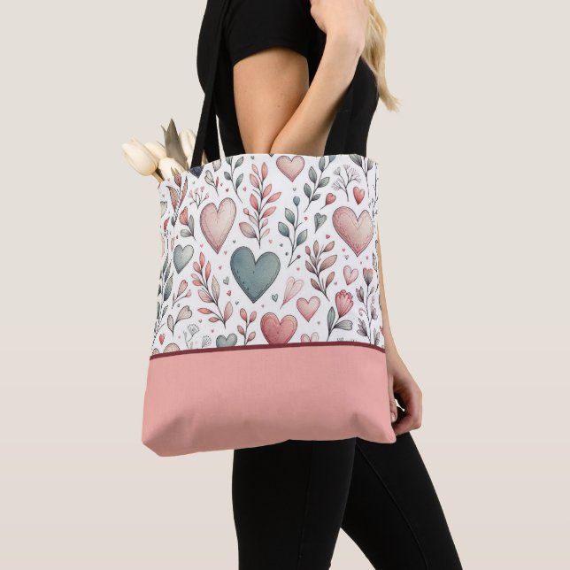 Tote Bag Turquoise, Rouge, Coeurs et Fleurs roses, Bloc de  (De près)