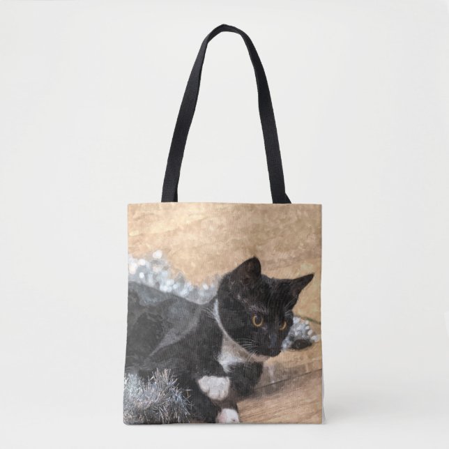 Tote Bag Tuxedo Kitten Tinsel et lumières peint (Devant)