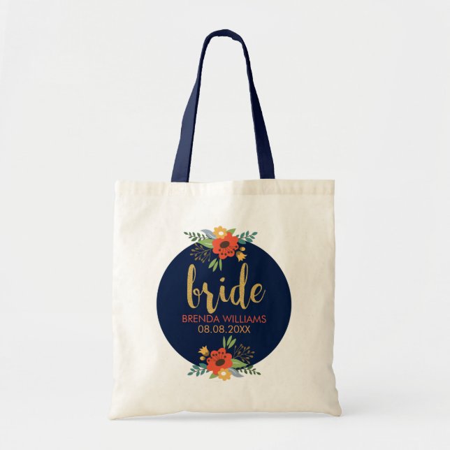 Tote Bag Typographie de mariée & Bouquet floral (Devant)