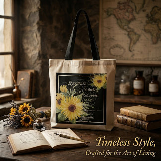 Tote Bag Typographie vintage et tournesols sur fond noir