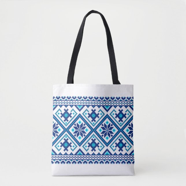 Tote Bag Ukrainien traditionnel vushuvanka folk bleu motif (Devant)