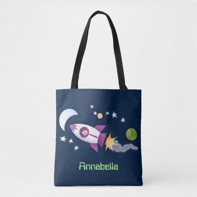 Tote Bag Un adorable vaisseau-fusée dans l'espace dessin an (Devant)