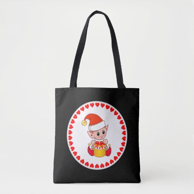 Tote Bag Un elfe de Noël mignon entouré de coeurs en noir (Devant)