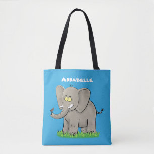 Tote Bag Un joli éléphant drôle avec un oiseau sur le tronc