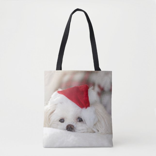 Tote Bag Un mignon chien blanc dans un Casquette de Noël ro (Devant)