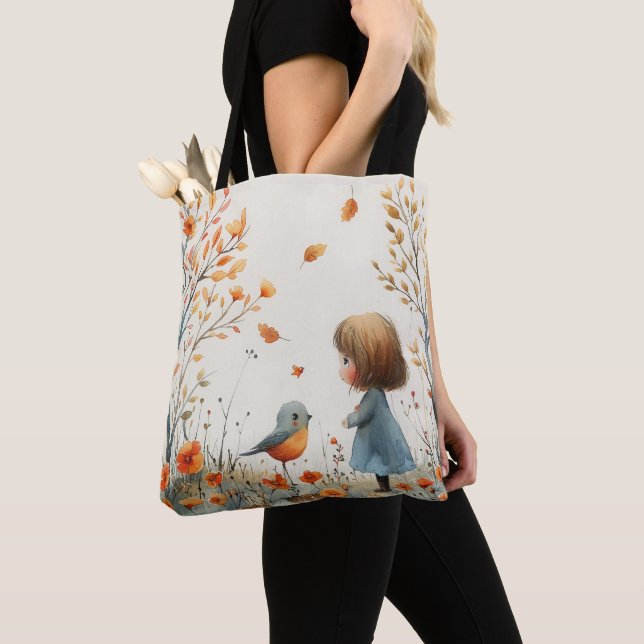 Tote Bag Une Aquarelle Peinture De Petite Fille & Oiseau (De près)
