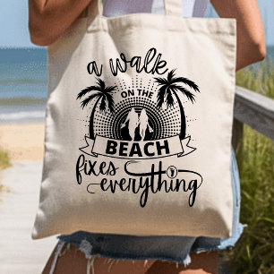 Tote Bag Une promenade sur la plage Palmier Coucher de sole