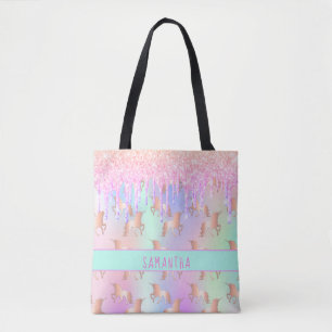 Tote Bag Unicorn parties scintillant goutte rose nom fille