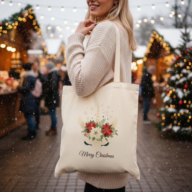Tote Bag Unicorne de Noël floral | Joyeux Noël (Créateur téléchargé)