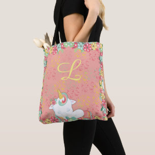 Tote Bag Unicorne dormant adorable et fleurs Monogramme