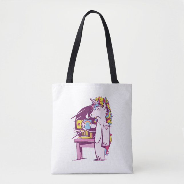 Tote Bag Unicorne fatiguée avec café (Devant)