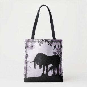Tote Bag Unicorne mystique avec lignes (fleurs violettes et