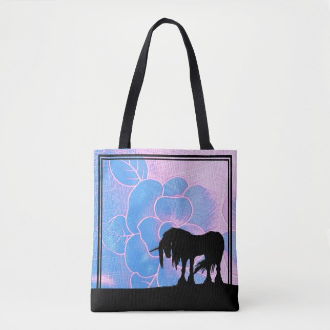 Tote Bag Unicorne mystique (fleur texturée rose et bleue) (Devant)