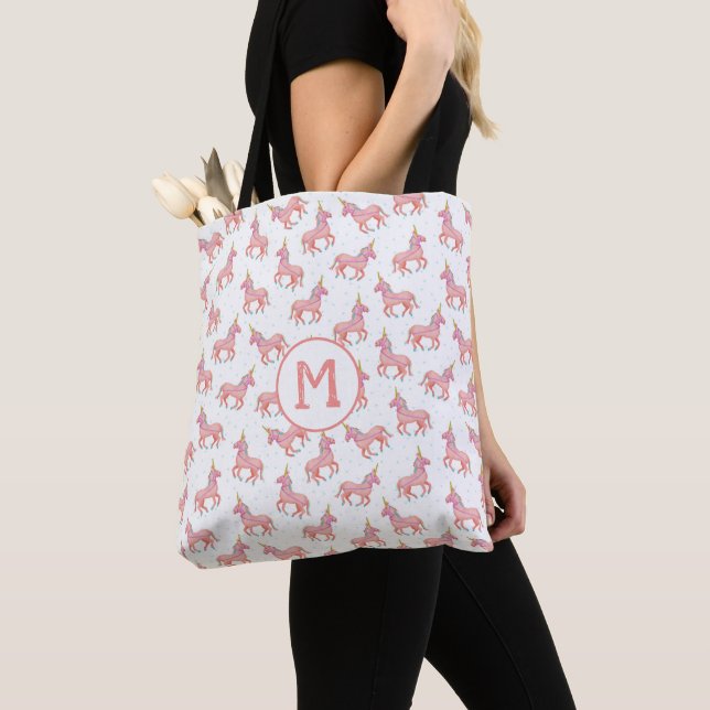 Tote Bag Unicorne rose mignonne et Motif d'étoiles | Monogr (De près)