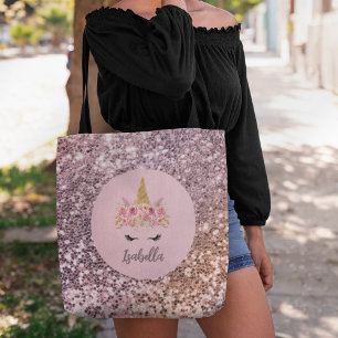 Tote Bag Unicorne rose Parties scintillant florale Monogram