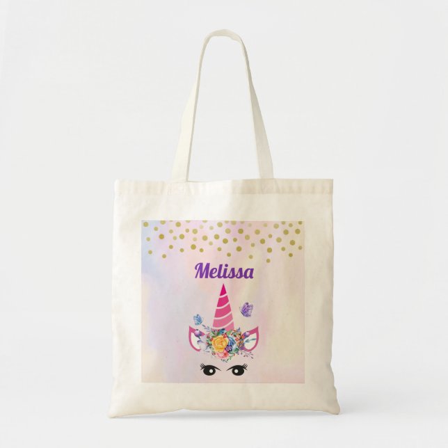 Tote Bag Unicorne tendance avec Fleurs Papillons & Confetti (Devant)