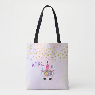 Tote Bag Unicorne tendance avec Fleurs Papillons & Confetti