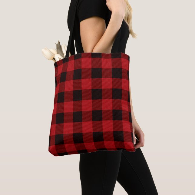 Tote Bag vacances d'hiver rustique plaid de buffle noir rou (De près)