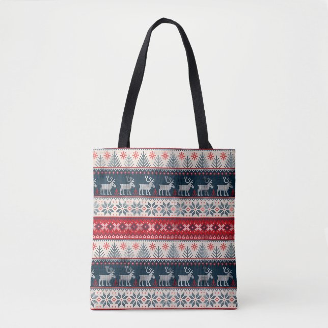 Tote Bag Vacances Faux Knit Motif Nordic Thème Noël (Devant)