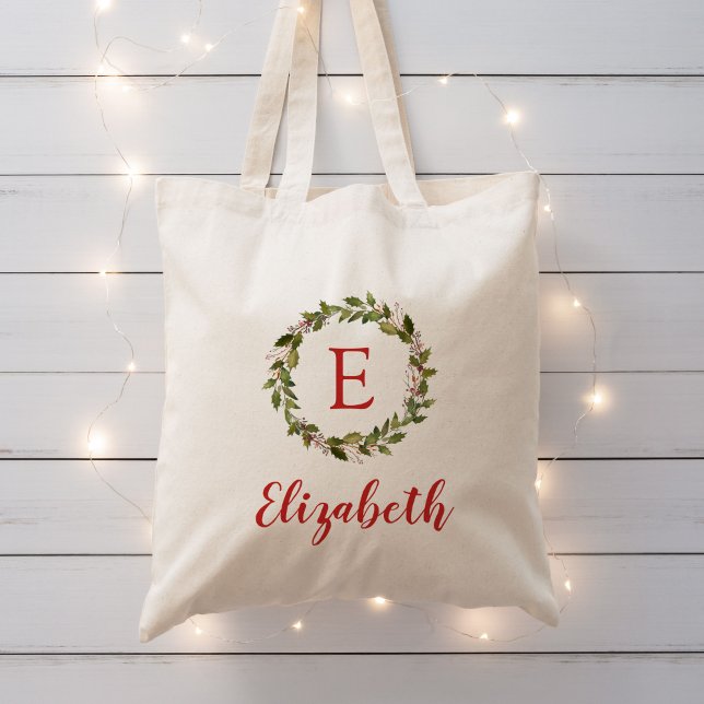 Tote Bag Vacances Verdure Wreath Monogramme Cadeau Réutilis (Créateur téléchargé)