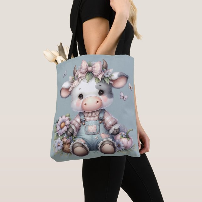 Tote Bag Vache Bébé mignonne Pastel dans les salons avec fl (De près)