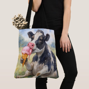Tote Bag Vache d'aquarelle lèche un cône de glace