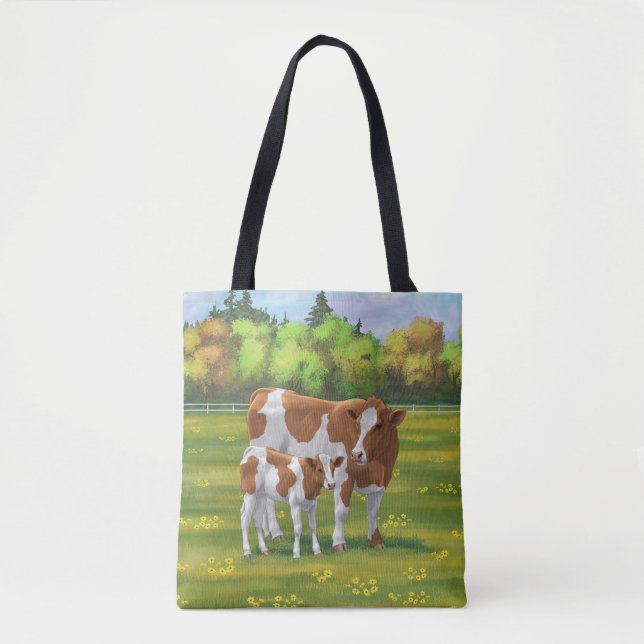 Tote Bag Vache de Guernesey et veau mignon dans les pâturag (Devant)